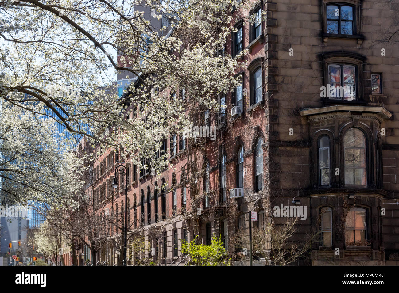 Die Spring Street Scene im East Village in New York City mit historischen Gebäuden auf Stuyvesant Straße Stockfoto