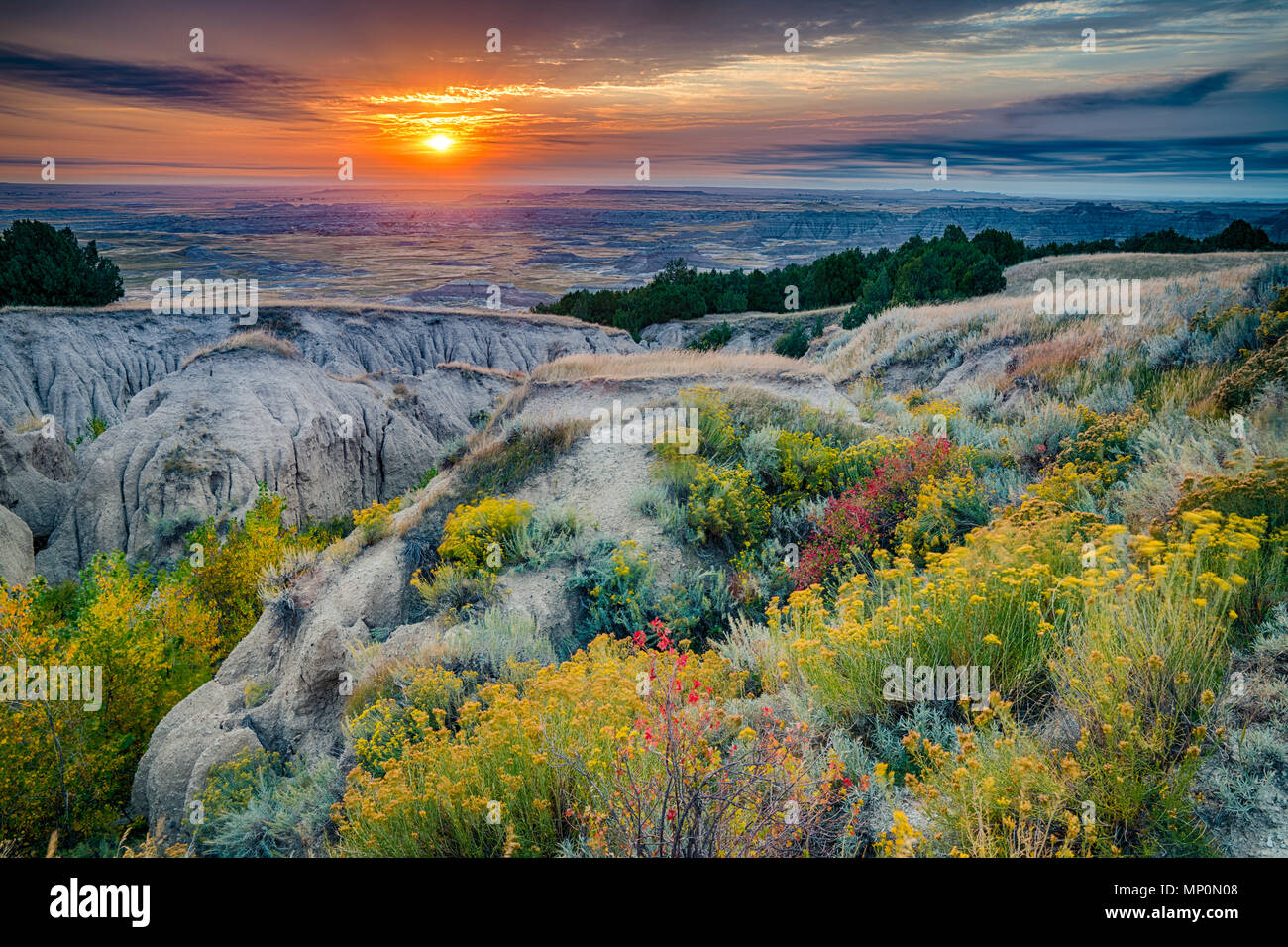 Sonnenaufgang über Badlands National Park, South Dakota Stockfoto