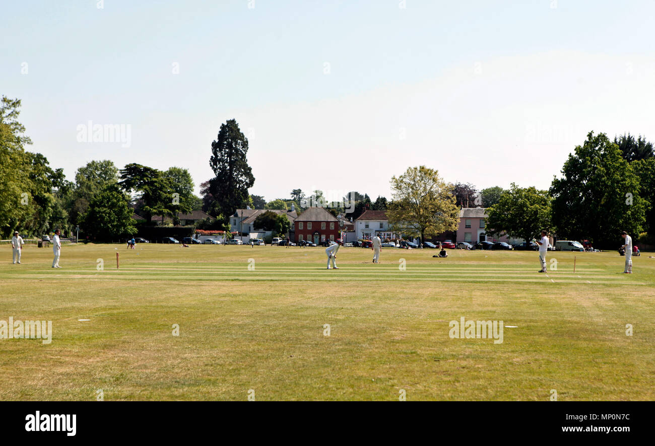 Village Cricket Match Szene auf Englefield Green, Egham, Surrey/Berkshire, England, UK gespielt Stockfoto
