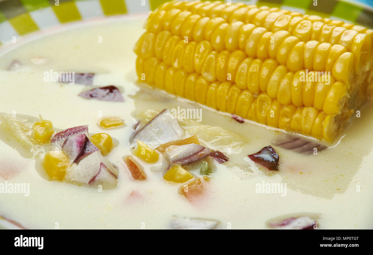 Die jamaikanische Maissuppe - Karibische Styler Suppe Nahaufnahme Stockfoto