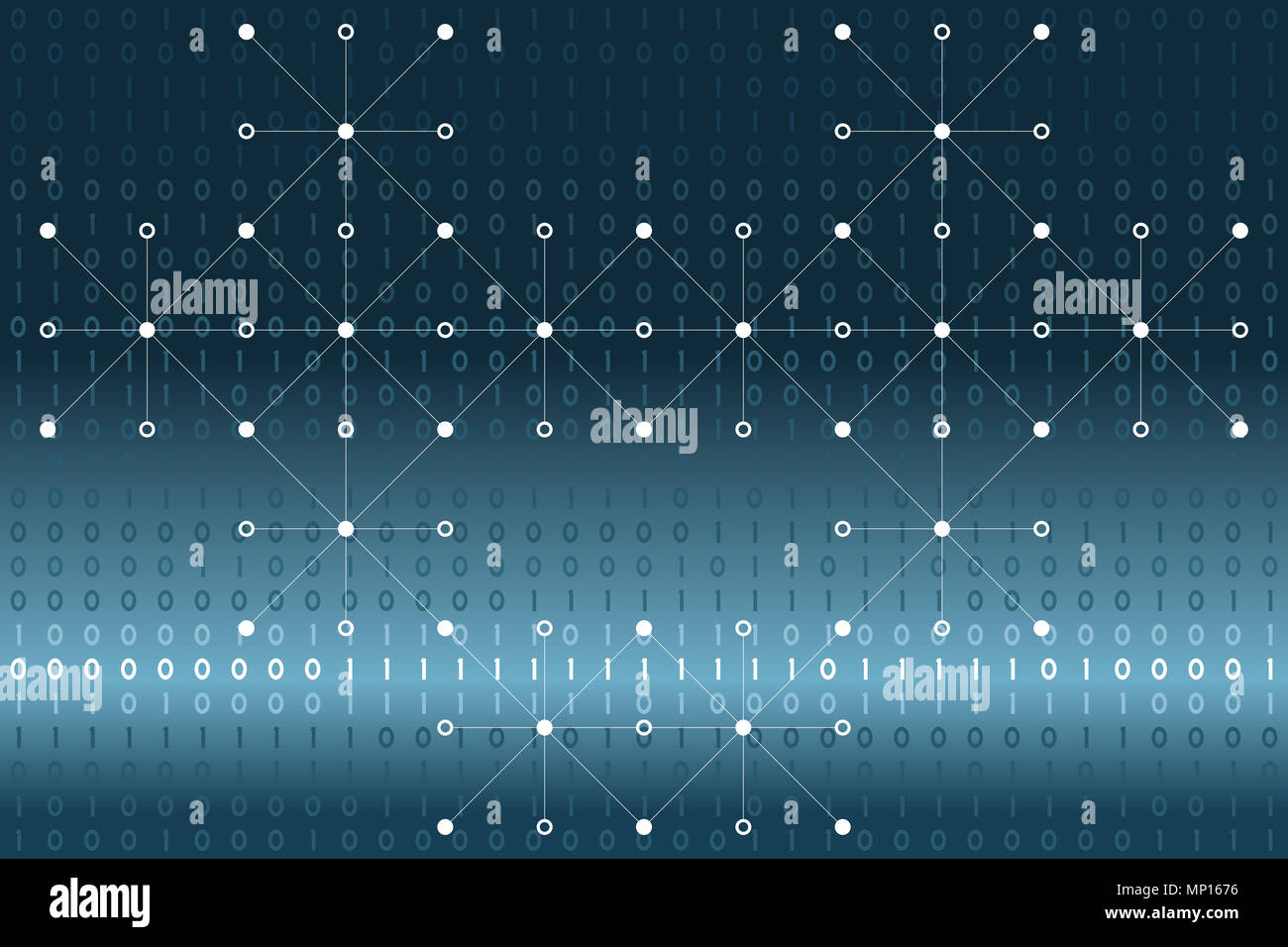 Digitale binäre Daten mit weißen Punkten und Linien Netz auf Blau und Weiß Farbverlauf Hintergrund. Stockfoto