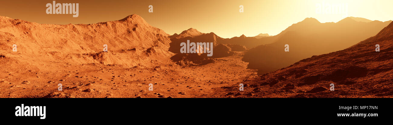 Breites Panorama von Mars - Der rote Planet - Landschaft mit Bergen bei Sonnenaufgang oder Sonnenuntergang - 3D-Darstellung Stockfoto