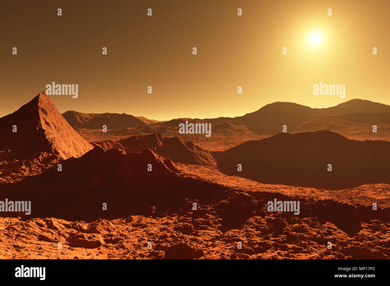 Mars - Red Planet - Landschaft mit riesigen Krater von Auswirkungen und die Berge in der Ferne bei Sonnenaufgang oder Sonnenuntergang - 3D-Darstellung Stockfoto