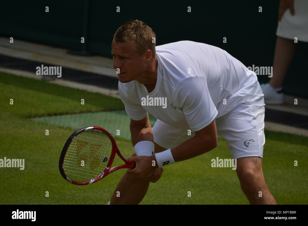 Lleyton Hewitt, die eine in Wimbledon dienen Stockfoto