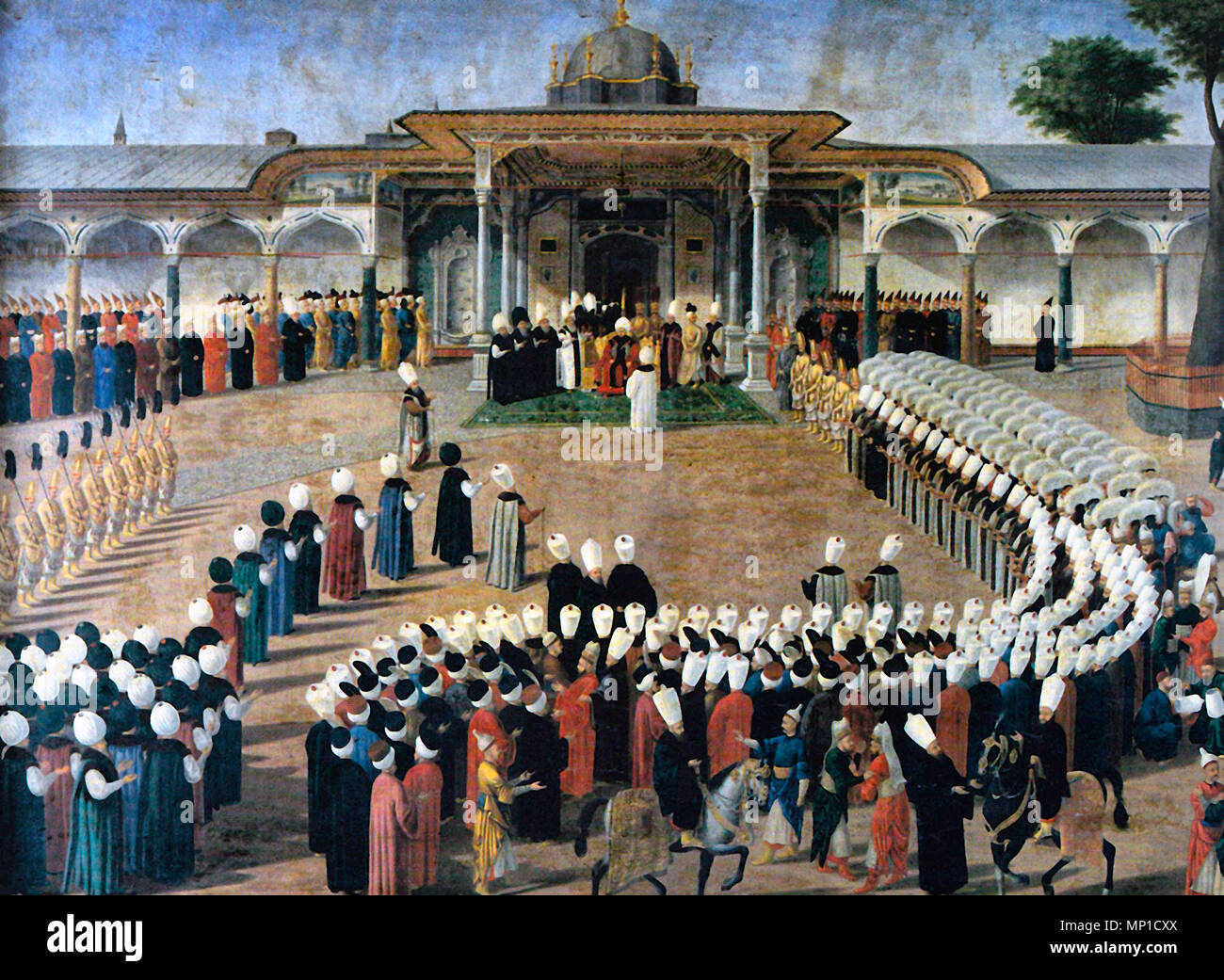 Sultan Selim III Holding ein Publikum vor das Tor der Glückseligkeit. Höflinge sind in einem strengen Protokoll zusammengestellt. Stockfoto