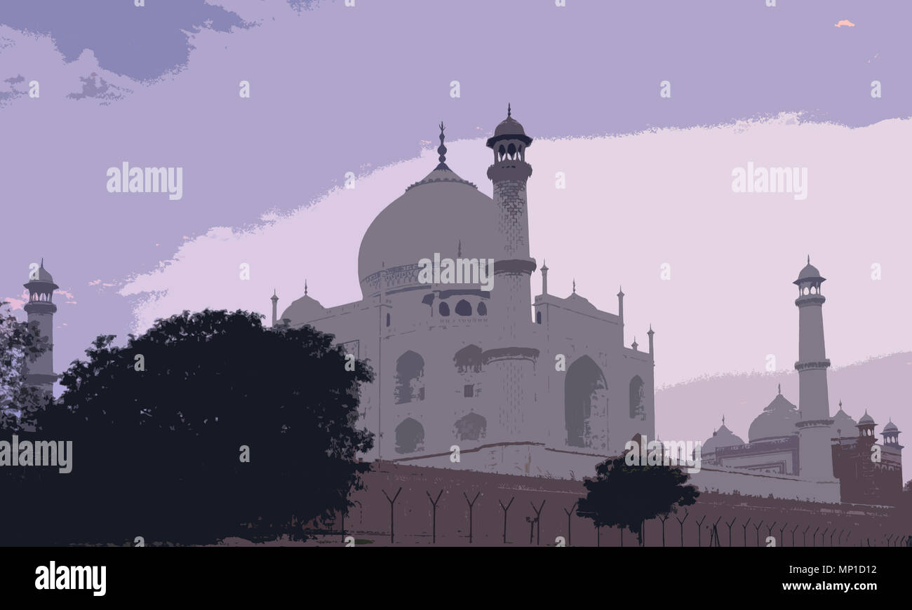 Blick auf das Taj Mahal von Der northeaston am Ufer des Yamuna Flusses (in PS gerendert), Āgra, Uttar Pradesh, Indien Stockfoto