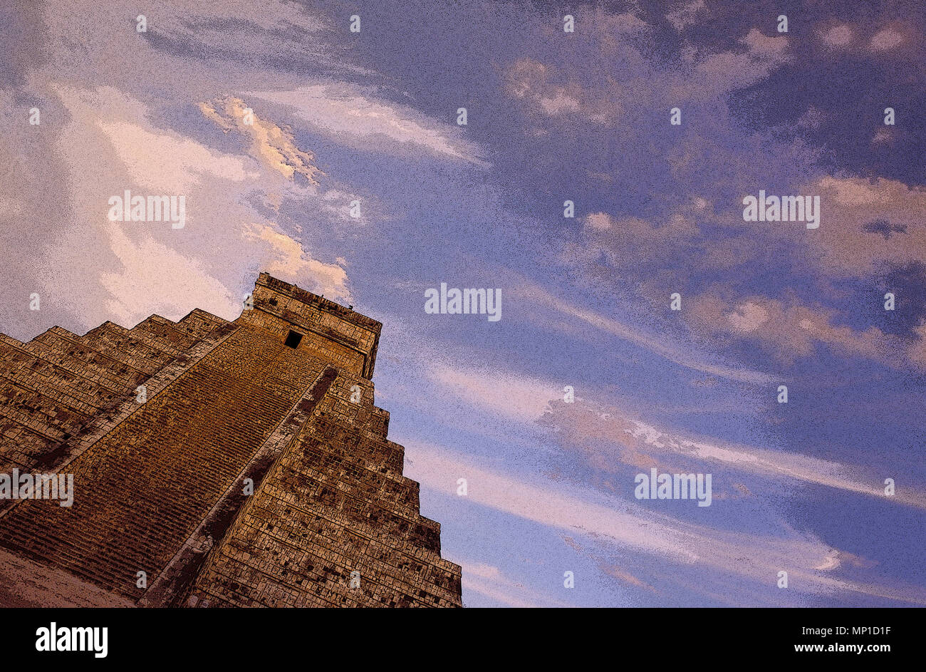 Chichen Itza, El Castillo (das Schloss) oder Kukulcan Pyramide, Gesamtansicht mit dramatischen Himmel und Wolken bei Sonnenuntergang (in PS gerendert), Yucatan, Mexiko Stockfoto