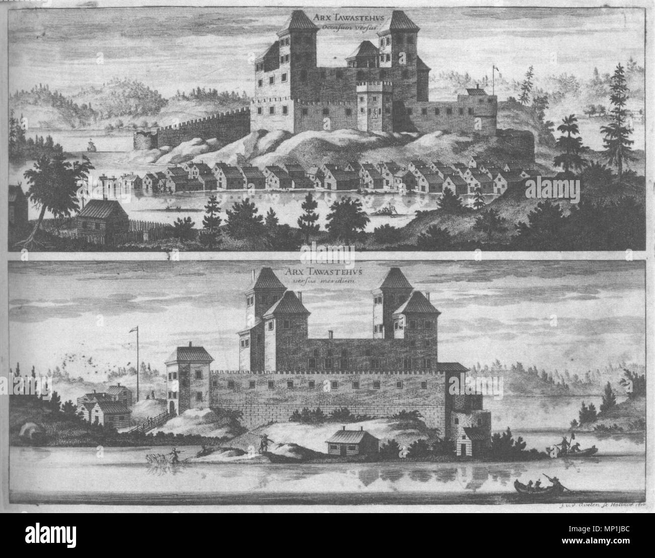 . Deutsch: Das Schloss von Häme war, je nach Tradition, gegründet von Birger Jarl in Verbindung mit der so genannten zweiten Kreuzzug zu Häme, um die schwedische Imperium in diesem Teil von Finnland zu konsolidieren. In der Gegend gab, in denen viele ältere alte Burgen, die ihre Bedeutung verloren, nachdem diese und wo aufgegeben. Svenska: Tavastehus slott grundades enligt Traditionen av Birger Jarl i samband Med det s.k. Andra korståget bis befästa Tavastland för att det Svenska väldet i Denna del av-Finnland. Ich trakten låg många äldre fornborgar som därefter förlorade sin och betydelse övergavs. 1710. Unkn Stockfoto