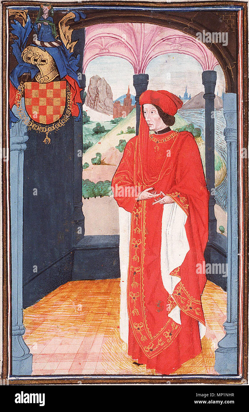 . Englisch: Complet, Strafverfügungen et Wappen de l'Ordre de la Toison d'Or (Satzungen, Strafverfügungen und Wappen des Ordens vom Goldenen Vlies) Ort, Datum: der Südlichen Niederlande; 1473. Hinzugefügt Abschnitte: Südliche Niederlande; 1478 oder kurz nach und 1491 oder kurz nach Material: Vellum, ff 86, 249 x 187 (167 x 106) mm, 23 Linien, littera cursiva (Lettre bourguignonne). Französisch. Bindung: 18. Jahrhundert aus braunem Leder Dekoration: 1 ganzseitige Miniatur (170 x 115 mm) mit Rand Dekoration; 92 Miniaturen (185/155 x 120/100 mm); 1 Historisierte Initiale (80 x 90 mm) mit Rand Dekoration; dekoriert ini Stockfoto