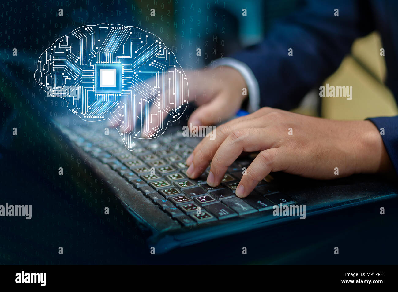 Konzept des Denkens. Hintergrund mit Gehirn CPU Verstand Technologie der Serie Symbole Gegenstand der Informatik, Künstliche Stockfoto