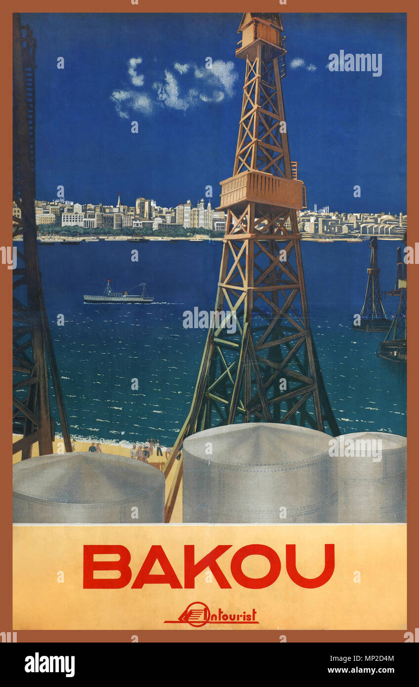 Jahrgang 1930 UDSSR russische Travel Poster mit der Ölderrickkräne von Bakou (Baku) 1936 travel Poster BAKOU BAKU UDSSR RUSSLAND Stockfoto