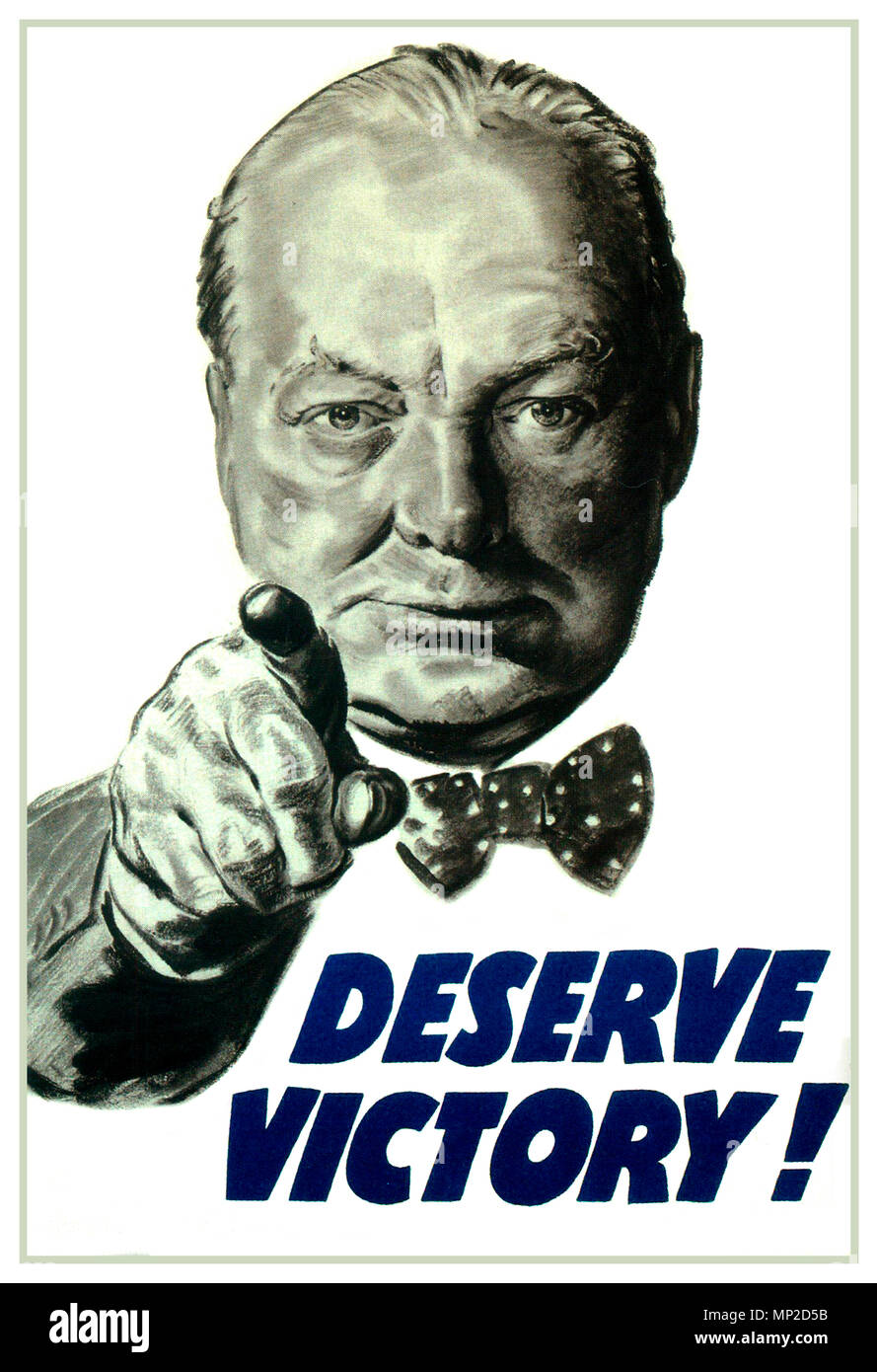 WW2 Vintage Propagandaplakat Premierminister Churchill zeigen Sie mit einem Finger sagen "Verdienen Sieg" den Menschen sagen, dass Großbritannien den Krieg zu gewinnen. Churchill blickt direkt auf den Betrachter nach Großbritannien" verdienen Sieg!" 1945 den Zweiten Weltkrieg zu sagen Stockfoto