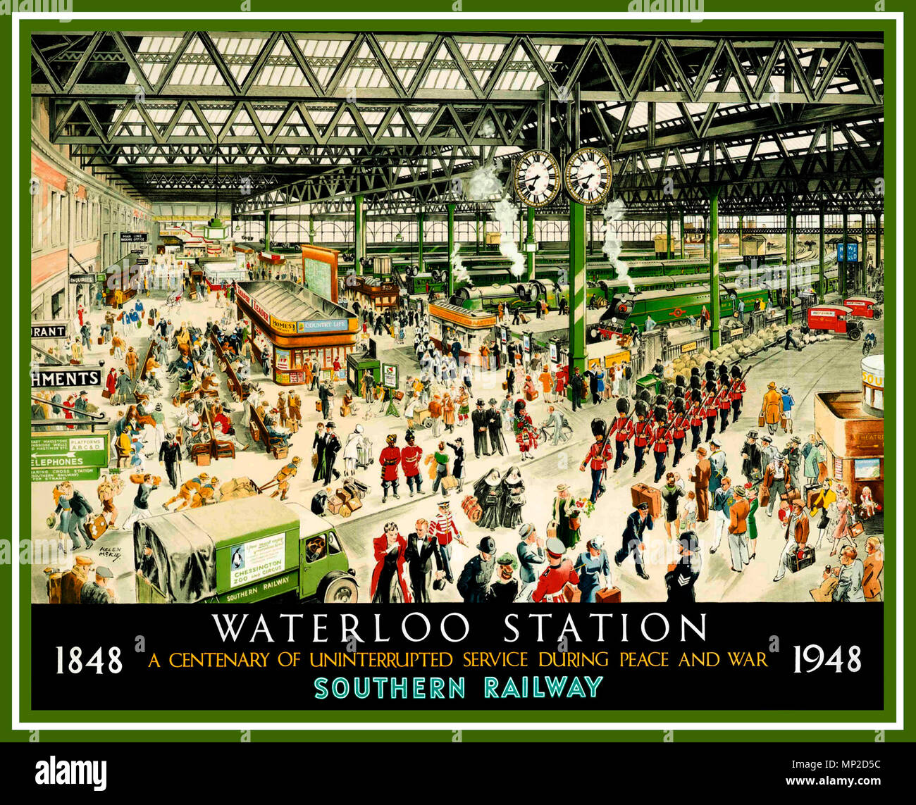 VINTAGE HISTORISCHEN WATERLOO STATION POSTER LONDON UK 1948 Vintage Southern Railway Station Poster Abbildung: Waterloo Station 1848-1948 Centenary celebration Frieden und Krieg 100 Jahre Stockfoto
