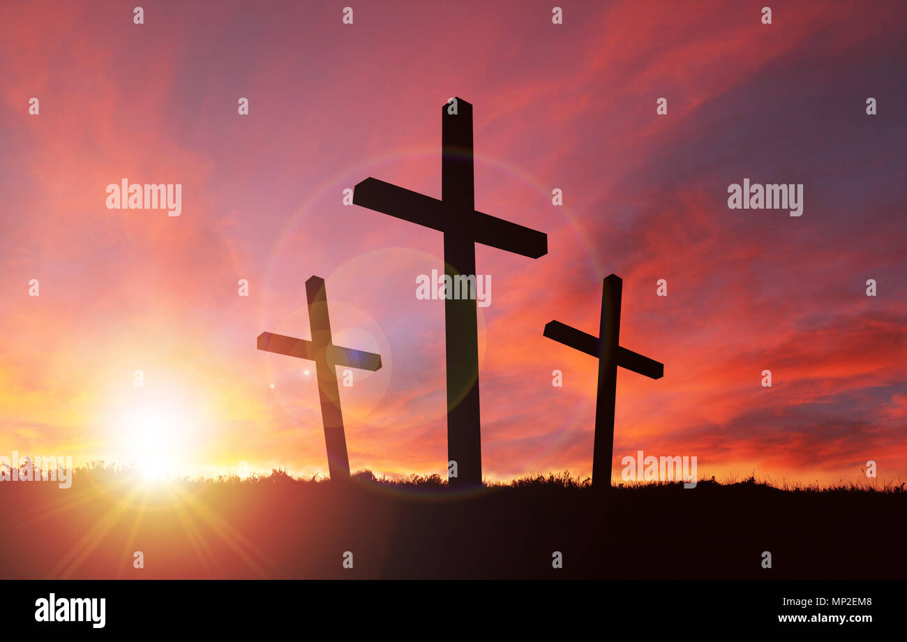Eine Silhouette Der Kreuzigung Von Jesus Christus Am Kreuz Mit 2 Anderen Rauber Gegen Einen Dramatischen Sonnenuntergang Opfertod Jesu Am Karfreitag Ein Stockfotografie Alamy