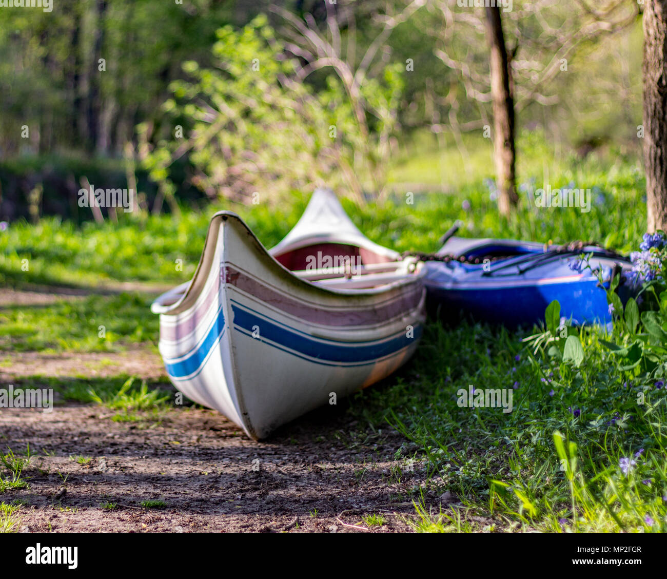 Kanus in Ruhe an einem Feldweg am See im Frühling. Stockfoto