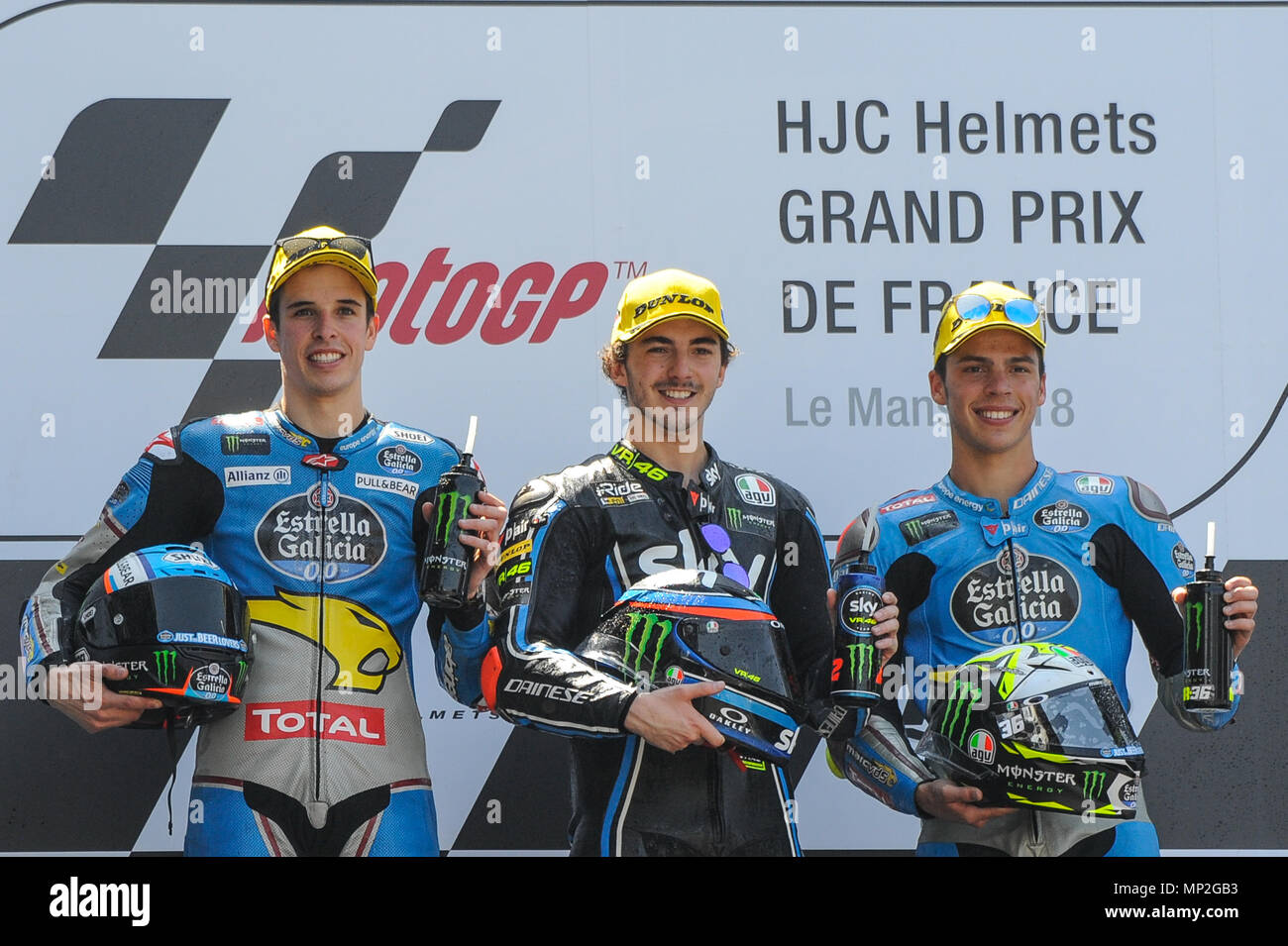 Le Mans, Frankreich. 20 Mai, 2018. Moto2-Fahrer podium Alex MArquez, Francesco Bagnaia und Joan Mir Credit: Gaetano Piazzolla/Pacific Press/Alamy leben Nachrichten Stockfoto