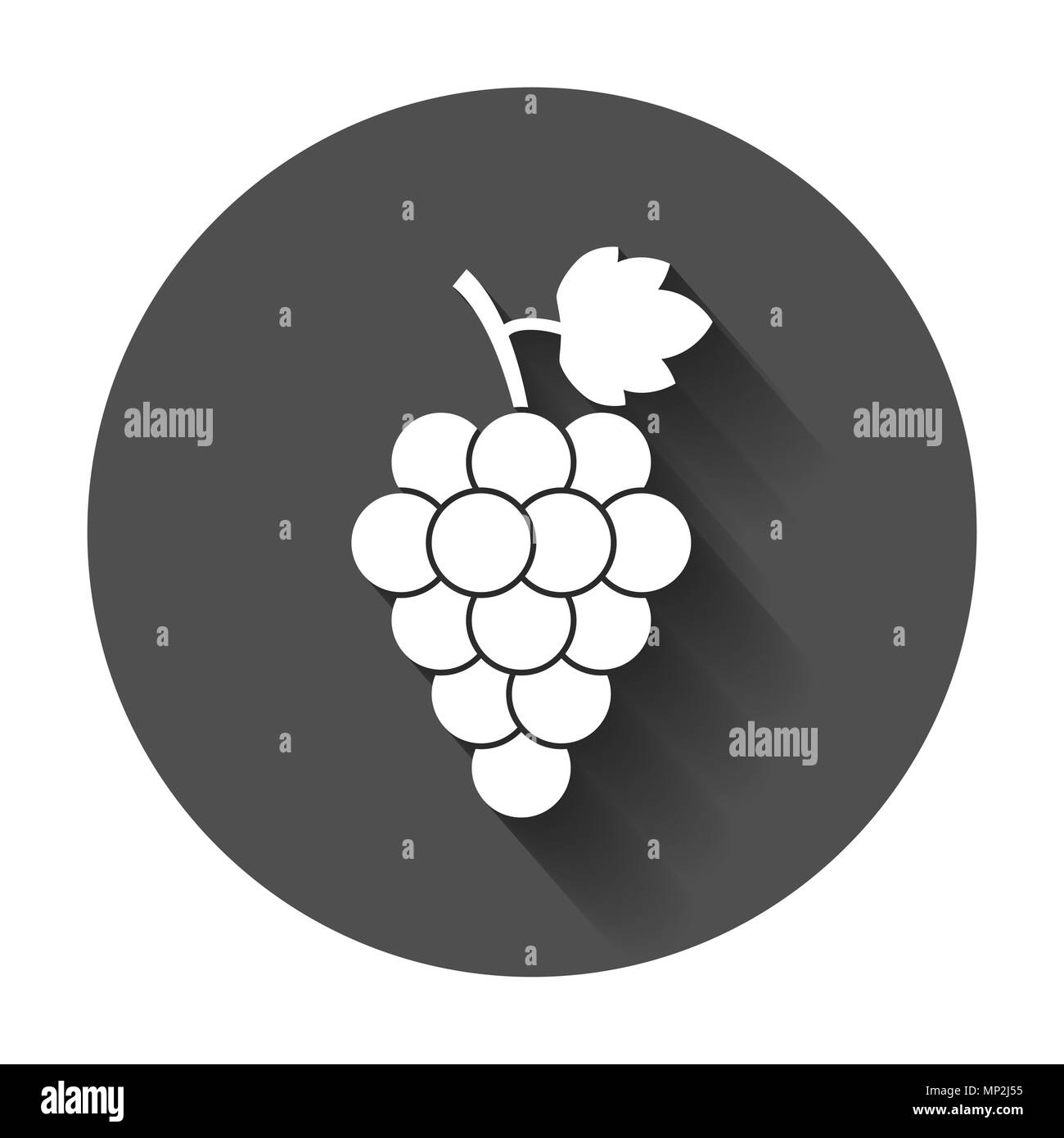 Traube Frucht mit Blatt Symbol. Vector Illustration mit langen Schatten. Geschäftskonzept Bündel Wein Weinrebe Piktogramm. Stock Vektor