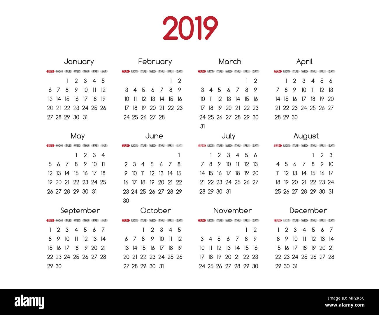 2019 Neues Jahr vector Kalender modernes schlichtes Design mit runden San serif Font, Holiday Event Planner, Woche beginnt Sonntag Stock Vektor