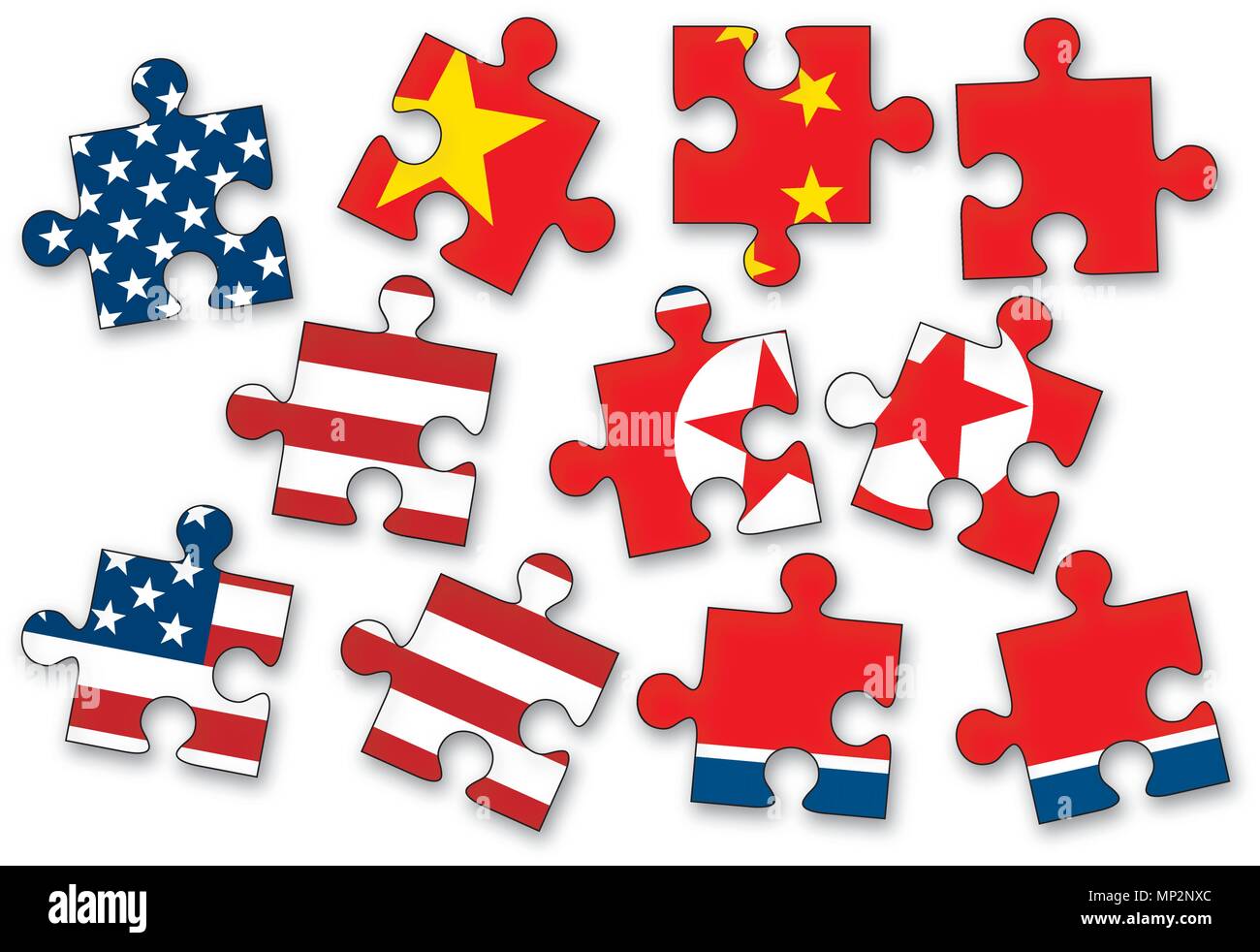 USA, China und Nordkorea als Stichsäge Puzzleteile mit den Flaggen der Vereinigten Staaten von Amerika, China und Nordkorea auf weißem Hintergrund. Stock Vektor