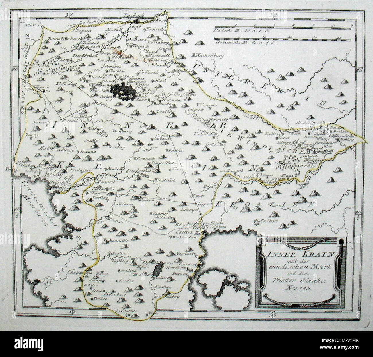 . English: Inner-Krain mit der Windischen Mark und dem Triester Gebiethe. Nro. 143. Kolorierter Kupferstich. 1791/1792. Franz Johann Joseph von Reilly (1766-1820) Alternative Namen Reilly, Franz Johann Joseph von Beschreibung österreichischer Verleger und Schriftsteller Geburtsdatum / Tod 18. August 1766 vom 6. Juli 1820 Ort der Geburt / Tod Wien Wien Zeitraum 1790 - 1800 Standort Wien Behörde: Q 113944 VIAF: 102371035 ISNI: 0000 0001 1839 240 X LCCN: 88624007 n GND: 118748017 SUDOC: 158784243 WorldCat 1046 Reilly 143 Stockfoto