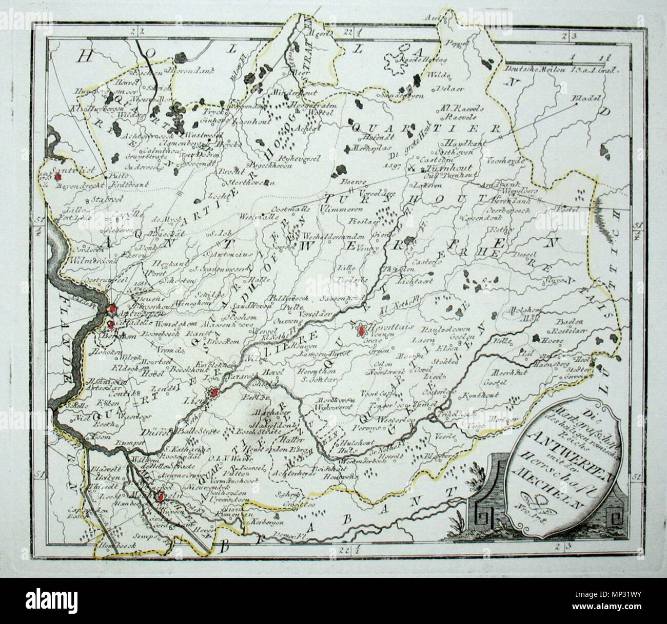. Deutsch: Die Markgrafschaft des Heiligen Römischen Reichs Antwerpen mit der Herrschaft Mecheln. Nro. 178. Kolorierter Kupferstich. Version mit Quartiernamen. 1792. Franz Johann Joseph von Reilly (1766-1820) Alternative Namen Reilly, Franz Johann Joseph von Beschreibung österreichischer Verleger und Schriftsteller Geburtsdatum / Tod 18. August 1766 vom 6. Juli 1820 Ort der Geburt / Tod Wien Wien Zeitraum 1790 - 1800 Standort Wien Behörde: Q 113944 VIAF: 102371035 ISNI: 0000 0001 1839 240 X LCCN: 88624007 n GND: 118748017 SUDOC: 158784243 WorldCat 1046 Reilly 178 Stockfoto