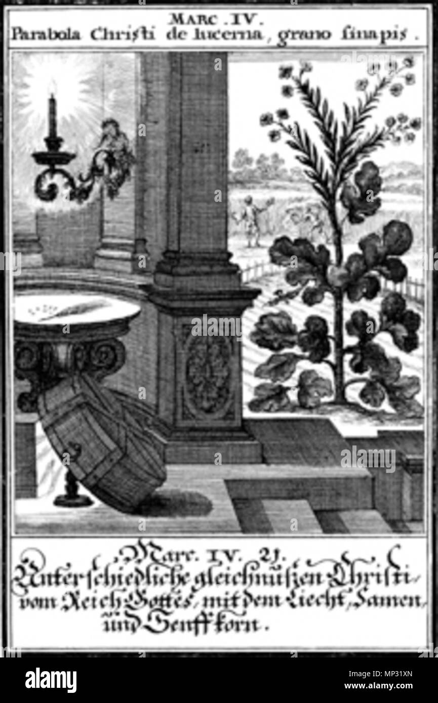 Englisch: Bild von der Lampe auf Stativ und das Gleichnis von der  wachsenden Saat, von 'Biblia ectypa: Bildnussen auss Heiliger Schrifft Alt  und Neuen Testament". 1695. Johann Christoph Weigel 1254 Weigel
