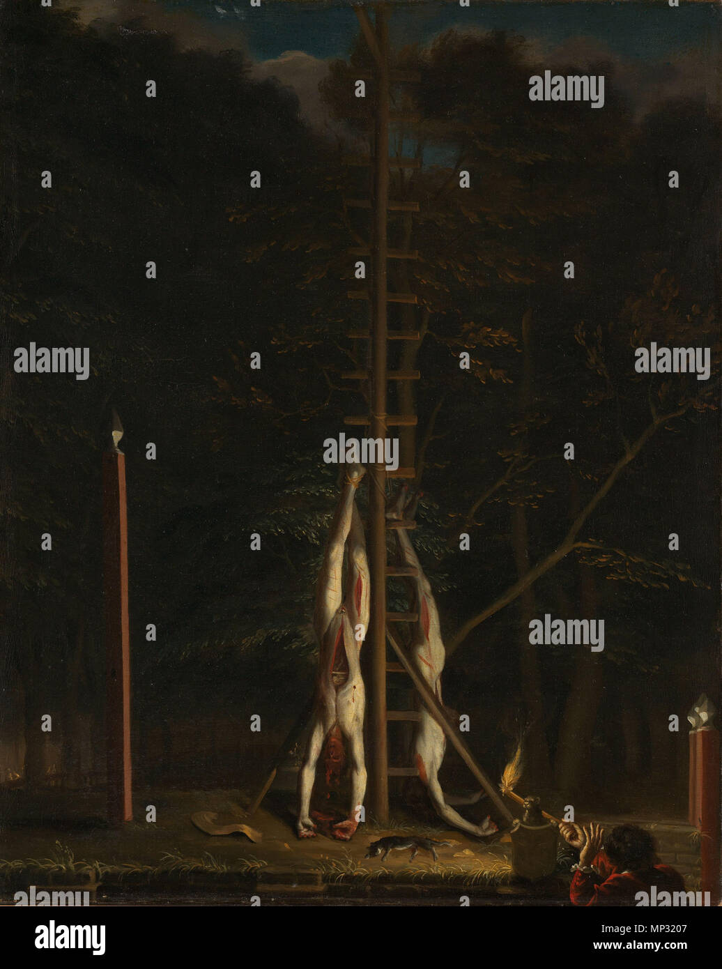 Die Leichen der Brüder De Witt, auf dem Groene Zoodje am Lange Vijverberg in Den Haag, 20. August 1672 die Leichen der Brüder De Witt, auf dem Groene Zoodje am Lange Vijverberg in Den Haag, 20. August 1672. Die verstümmelten Leichen von Johan und Cornelis de Witt, auf dem Scheiterhaufen auf dem Groene Zoodje in Den Haag, 20. August 1682 hing. Unten rechts ein Mann mit einer Fackel. Zwischen 1672 und 1675. 696 Jan de Baen-De lijken van de gebroeders De Witt Stockfoto