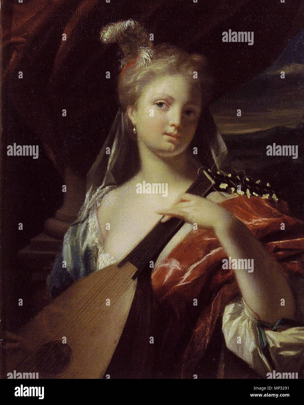 Frau spielen der Laute. Frau spielen eine Laute. Dieses Gemälde war das Modell für das Gesicht der Niederländischen 100 Gulden Hinweis in den 30er Jahren (siehe Datei: 100 Gulden biljet met luitspeelster.jpg). ca. 1725 (1700-1753). 1272 Frau spielen die Laute von Van Dijk Stockfoto