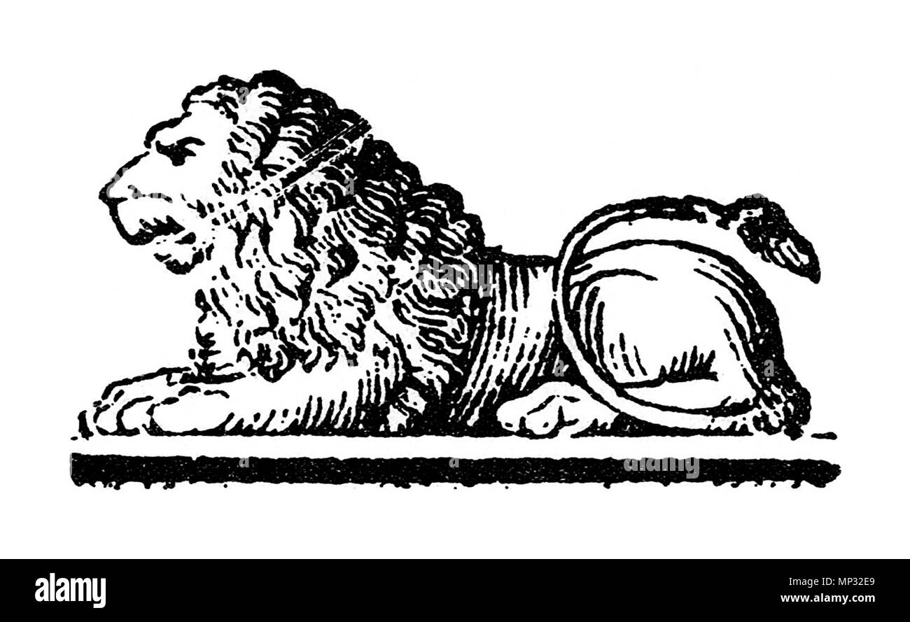 . Kleines Bild eines Löwen (Saint Mark's Lion? Aber weder Flügel noch Buch vorhanden ist), von der Titelseite des Buches: La Piazza di San Marco in Venedig, descritta da Antonio Quadri e rappresentata im XVI. tavole rilevate Ed incise da Dionisio Moretti, Venezia 1831 (" die Piazza San Marco in Venedig", Text von Antonio Quadri, 16 Stiche von Dionisio Moretti, Venedig 1831.). 1831. Dionisio Moretti (1790 - 1834) Beschreibung italienische Zeichner und Stecher Datum der Geburt / Tod 1790 1834 Ort der Geburt / Todes Korfu Venedig Arbeit Periode von 1820 bis 1834 arbeiten Ort Venedig Behörde co Stockfoto