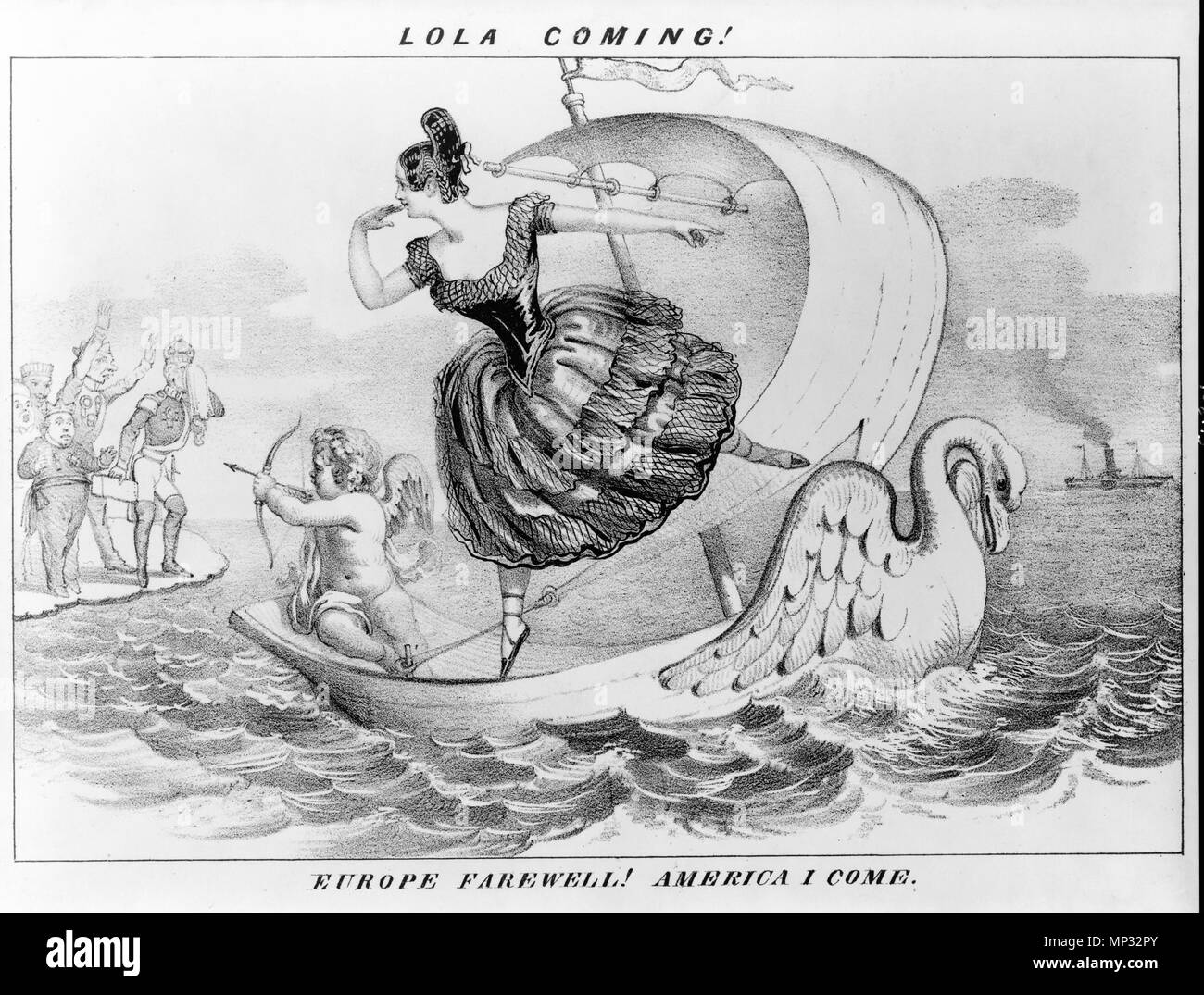 . Lola kommt! Europa ade! Amerika ich komme. Ca. 1852? Von D.C. Johnston. Cartoon von Lola Montez. ca. 1852. 817 LolaComing ca 1852 byDClaypooleJohnston LibraryOfCongress Stockfoto
