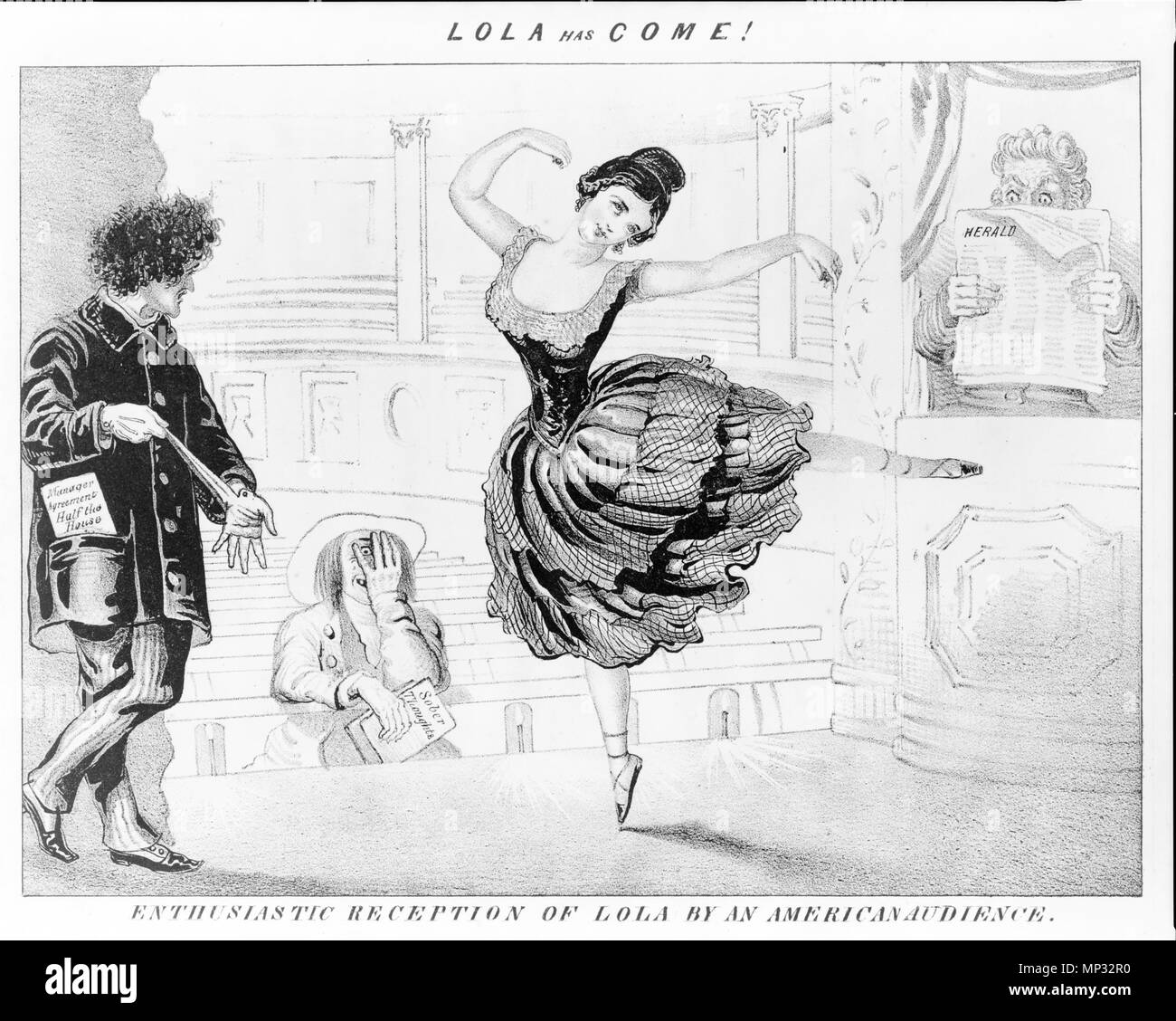 . Lola ist gekommen! Begeisterter Empfang von Lola vom amerikanischen Publikum. Ca. 1852? Von D.C. Johnston. Cartoon von Lola Montez. ca. 1852. 817 LolaHasCome ca 1852 byDClaypooleJohnston LibraryOfCongress Stockfoto