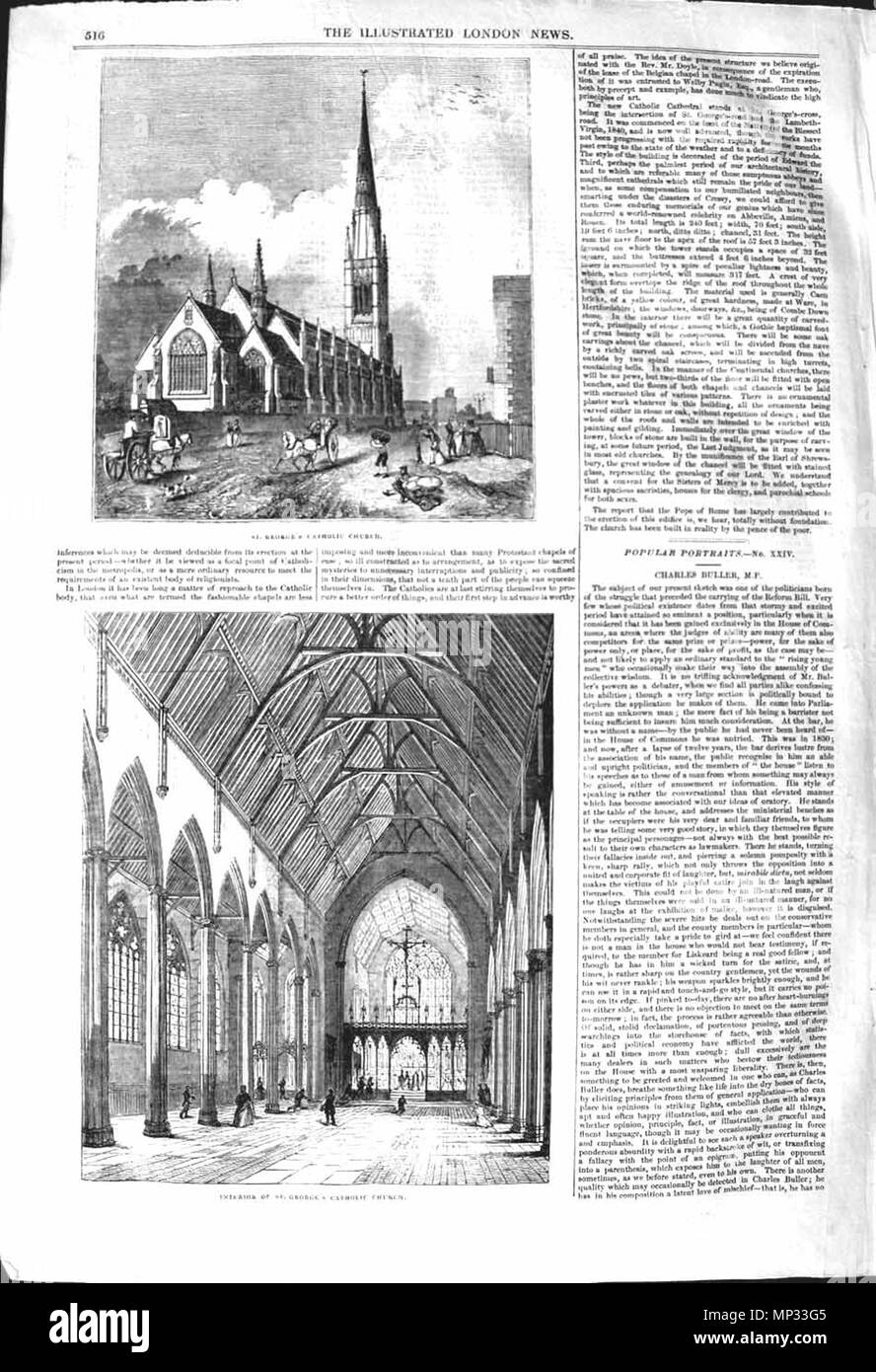 . Englisch: Seite 516 Der Illustrated London News, 1842. Die Gravuren sind von Augustus Pugin's Pläne für St. George's Römisch-katholische Kathedrale, Southwark. Der Turm wurde nie gebaut. 24. Dezember 1842. Unbekannt 1134 ILN 1842, S. 516 Stockfoto