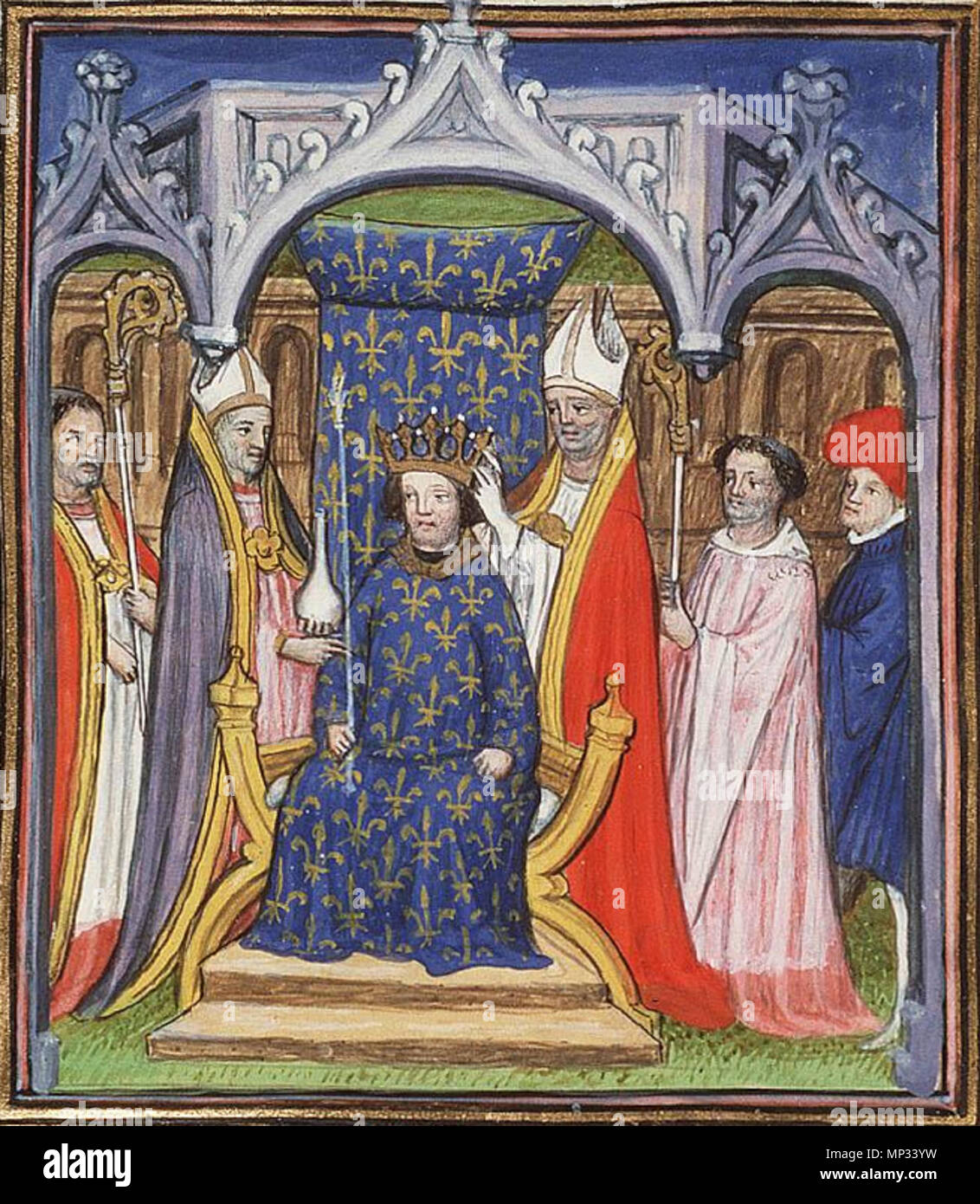 . Englisch: Jean II. zum König von Frankreich Inhalt: Jean Froissart, Chroniques (Vol. I) Ort, Datum: Paris, Virgil Master (Strahler); c. 1410 Material: Vellum, ff 382, 385 x 288 (243 x 187) mm, 42 Linien, littera cursiva, Bindung: 18. Jahrhundert aus braunem Leder; vergoldet; mit Wappen der Stadholder William V Dekoration: 1 zwei-Spalte Miniatur (170 x 180 mm); 29 Spalte Miniaturen (115/65 x 95/80 mm); 1 Historisierte Initiale (45 x 50 mm); dekoriert Initialen mit Rand Dekoration (ff. 1R, 24R, 36R, 62R, 74v etc.) Herkunft: Louis de Luxemburg, con nicht in der Lage de France (d. 1475; Signatur gelöscht); b Stockfoto