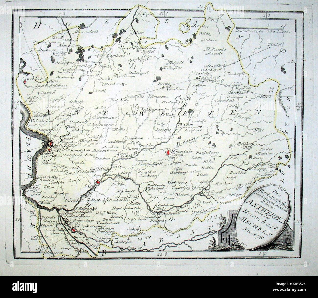 . Deutsch: Die Markgrafschaft des Heiligen Römischen Reichs Antwerpen mit der Herrschaft Mecheln. Nro. 178. Kolorierter Kupferstich. Version ohne Quartiernamen. 1792. Franz Johann Joseph von Reilly (1766-1820) Alternative Namen Reilly, Franz Johann Joseph von Beschreibung österreichischer Verleger und Schriftsteller Geburtsdatum / Tod 18. August 1766 vom 6. Juli 1820 Ort der Geburt / Tod Wien Wien Zeitraum 1790 - 1800 Standort Wien Behörde: Q 113944 VIAF: 102371035 ISNI: 0000 0001 1839 240 X LCCN: 88624007 n GND: 118748017 SUDOC: 158784243 WorldCat 1046 Reilly 178 b Stockfoto