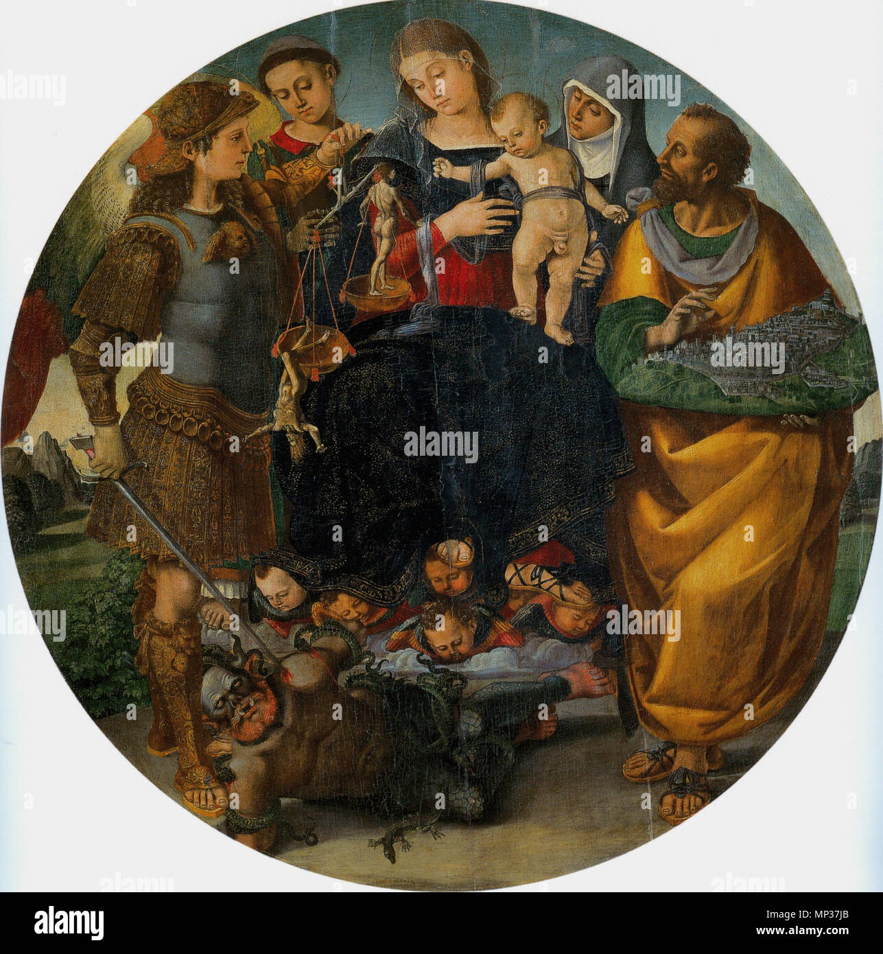 . Englisch: Jungfrau und Kind mit Sts Michael, Vincent von Saragozza, Margarete von Cortona und Markieren. Accademia Etrusca, Cortona. Öl auf einen Durchmesser von 146 cm. . Ca. 1510-12. 830 Luca Signorelli. Jungfrau und Kind mit Sts Michael, Vincent von Saragozza, Margarete von Cortona und Mark. c. 1510-12. Accademia Etrusca, Cortona. Holz. Öl. 146 cm. Stockfoto