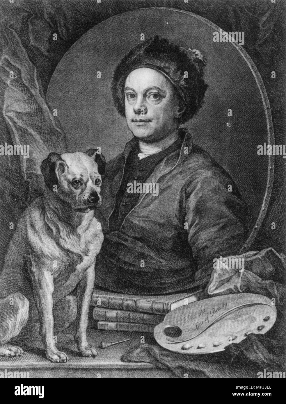 . Selbstportrait mit einem Mops Hund (Tramp). Kupferstich, 368 x 268 mm (14 1/2 x 10 3/8"). 1759. William Hogarth (1697 - 1764) Beschreibung der britische Maler und Graveur Geburtsdatum / Tod 10 November 1697 25 Oktober 1764 Ort der Geburt / Todes London London Standort London, Chiswick Authority control: Q 171344 VIAF: 17268409 ISNI: 0000 0001 2099 3749 ULAN: 500004242 80126106 LCCN: n NLA: 35201047 WorldCat 1110 Selbstbildnis mit ein Mops Hund (Tramp) von William Hogarth Stockfoto