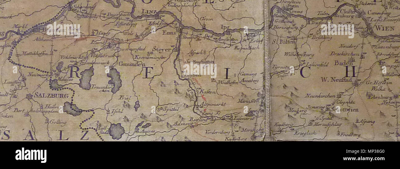 . English: Ausschnitt Salzburg-Wien der Landkarte der österreichischen Erbländer English: post-charte der Kaiserl. Königl. Erblanden. 1782. Georg Ignaz Freiherr von Metzburg; Mansfeld, Kupferstecher 886 Metzburg 1782 Salzburg Wien Stockfoto