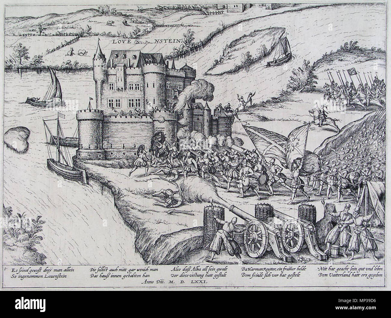 OLYMPUS DIGITALKAMERA. Englisch: Belagerung der Burg Loevestein, die Niederlande während des 80 jährigen Krieges Nederlands: Beleg van Loevestein. zwischen 1500 und 1600. Hogenberg, Frans 817 Loevenstein De Ruyter Stockfoto