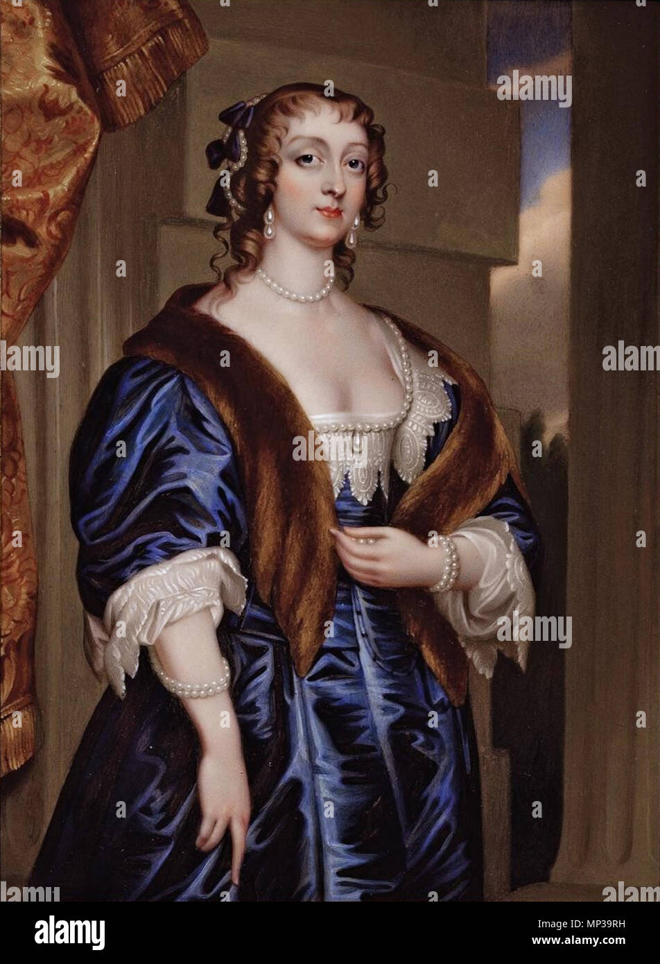 . Portrait von Lady Margaret Feilding, Herzogin von Hamilton, Englisch: in blauer Seide dekolleté Kleid mit weißen spitzen Kragen und Manschetten, Pelz Stola, Perle Armband, zwei Strings mit Perlenketten, eines mit Drop - Perle an der Korsage, drop-Pearl Necklace, weitere Perlen mit Blue Ribbon in hochgezogene Haar in korkenzieherlocken gekleidet getragen, in der linken und rechten Arm drapiert, in einem Innenraum mit Säule, Vorhang und Himmel Hintergrund stehen. November 1839. Henry Pierce Knochen (1779 - 1855) Alternative Namen H.P. Knochen Beschreibung britischen Emailmaler Sohn von Heinrich Bone Datum der Geburt / Tod 6. November 1779 21 Okt Stockfoto