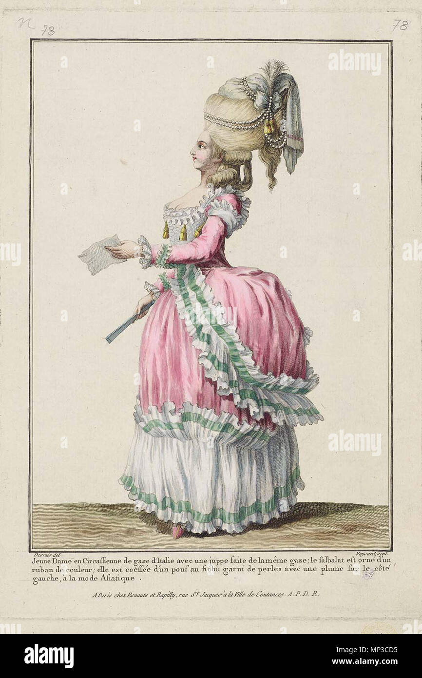 Platte 78 aus der Gallerie des Modi et Kostüme Français. 13 e. Cahier Kostüme Français, 7e Suite d'Habillemens à la mode. 1778. 718 Jeune Dame en Circassienne de Blick d'Italie Stockfoto