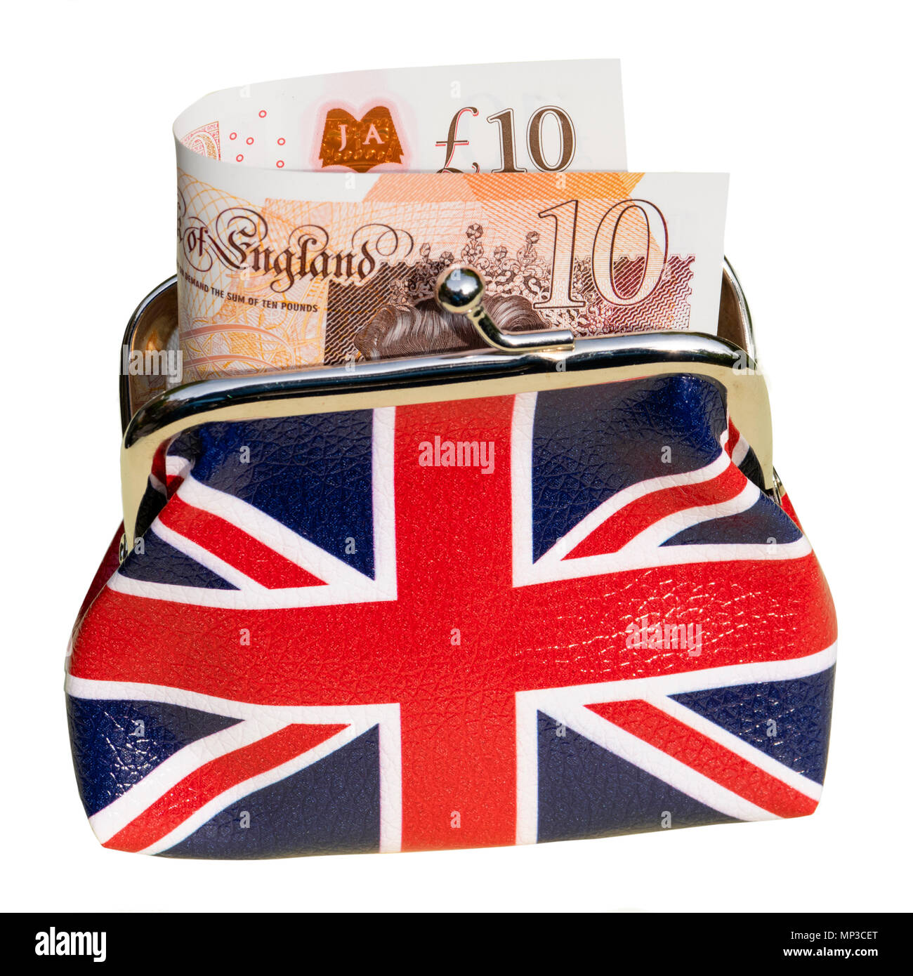 Union Jack Geldbeutel mit einem £ 10 Hinweis, isoliert oder schneiden Sie auf einem weißen Hintergrund. Stockfoto