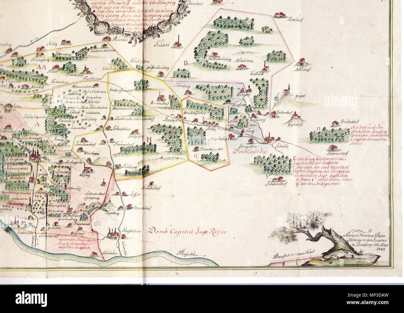 . English: teilscan zum Stitchen einer Karte über die OBERFRÄNKISCHE "Judenstras' von Altenkunstadt/Röhrig über den Kordigast und weiter nach Scheßlitz. 1741. Adam Henrik Frahr 937 Oberfr. Judenstras (u. r). Stockfoto