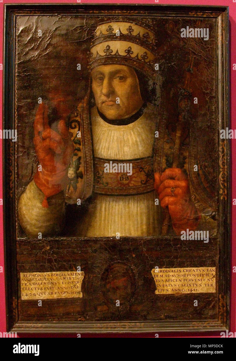 BenQ Digitalkamera. Español: Retrato del eclesiástico español Alfonso de Borja y Cavanilles (1378-1478), Que llegaría posteriormente ein ser Papa de la Iglesia Católica con el nombre de Calixto III. Deutsch: Retrat d'Alfons de Borja com a papa Calixt III, Obra de Joan de Joanes (1523-1479) de la prelats sèrie de Valencians de la Catedral de València. Pintura sobre guadamassil, 83 x 56 cm. . 1568. 1055 Retrat d'Alfons de Borja com a Calixt III, Joan de Joanes Stockfoto