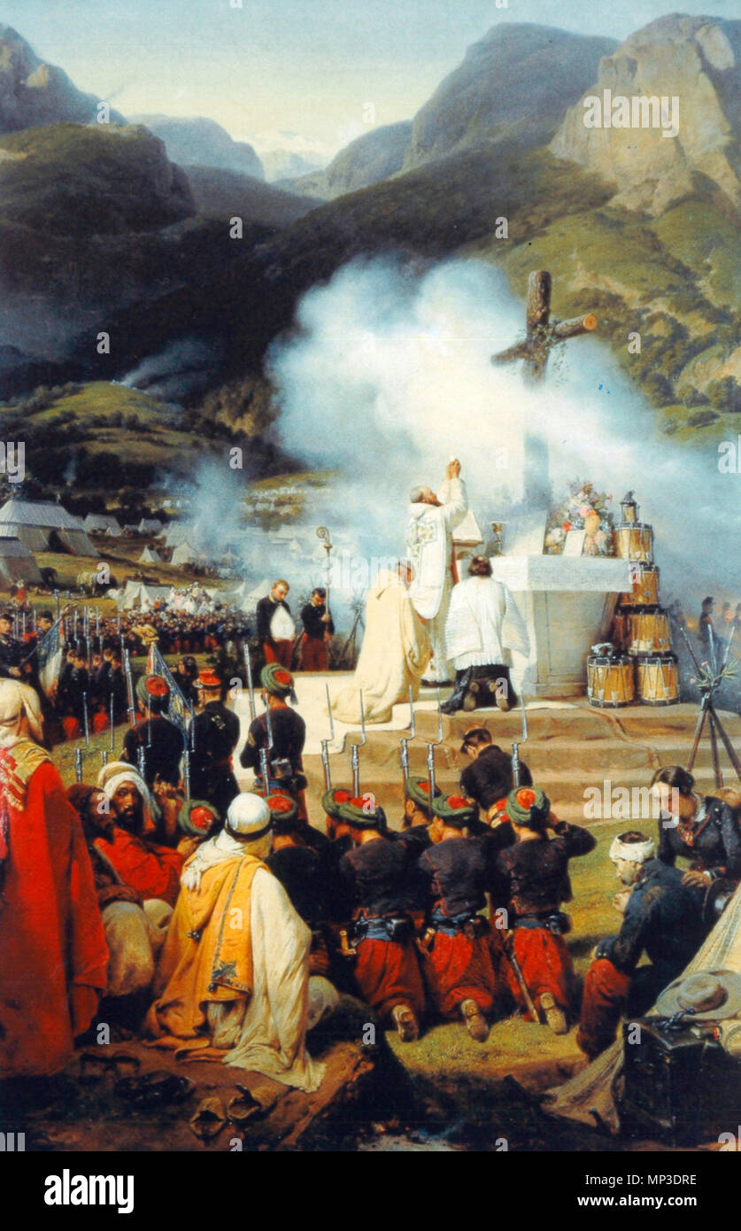 Premiere messe en Kabylei (erste Messe in der Kabylei). Le père Dom François Régis (1808-1880), abbé de Notre-Dame de la célèbre messe Staouëli, sur les Rives de l'Oued-Agrioun au Sud-Est d'Alger, le 14 juin 1853. Prosterné derrière Le révérend père Régis Abbildung Le père Thomas d'Aquin. Cet épisode se déroule à l'Problem de la campagne des Babors menée par le Maréchal Randon. Dans une Lettre au père Régis du 25 mai 1854, Horace Vernet commente Sohn Werk: "Le moment que j'ai Web Content Anzeige est Celui de l'élévation, Lorsque le Canon remplaçait La sonnette, et la fumée de la Poudre, l'encens. ". 1854. 1026 Stockfoto