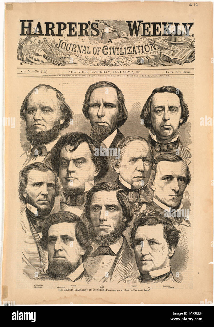 . Englisch: File name: 10 09 000036 Titel: Die Georgia Delegation im Kongress Creator/Contributor: Homer, Winslow, 1836-1910 (Künstler) Ausgabedatum: 1861-01-05, Physische Beschreibung drucken: 1: holzstich Genre: Holzstiche; periodische Illustrationen Hinweise: Erschienen in: Harper's Weekly, Band V, 5. Januar 1861, S. 1.; Bildunterschrift: Underwood, Crawford, Hardeman, Toombs, Liebe, Jones, Iverson, Hügel, Gartell, Jackson.; von Brady fotografiert.; unten links Signiert: Homer. Sammlung: Winslow Homer Sammlung Ort: Boston Public Library, Drucken Abteilung Rechte: Keine bekannten Einschränkungen Flick Stockfoto