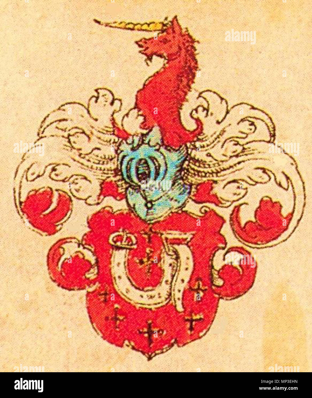 . Johann Siebmacher: Neue wappenbuch (Detail: Wappen derer von Bellersheim, Version: Roter Schild, Kreuzchen, rotes Einhorn/Wappen der Familie Bellersheim, Version: rot Schild, kleine Kreuze, rot Einhorn) eingescannt aus: Horst Appuhn (Hrsg.) Johann Siebmachers Wappenbuch. Bibliophilen Taschenbücher 538, 2. Verb. Aufl., Dortmund 1989 Rheinische Blatt 126, 2. 1605. Johann Siebmacher (1561-1611) Alternative Namen Johann Ambrosius Siebmacher, Johann Sibmacher, Johann Syber Beschreibung deutscher Maler, Radierer und Kupferstecher Datum der Geburt / Tod ca. 1561 vom 23. März 1611 / 1611 Locat Stockfoto