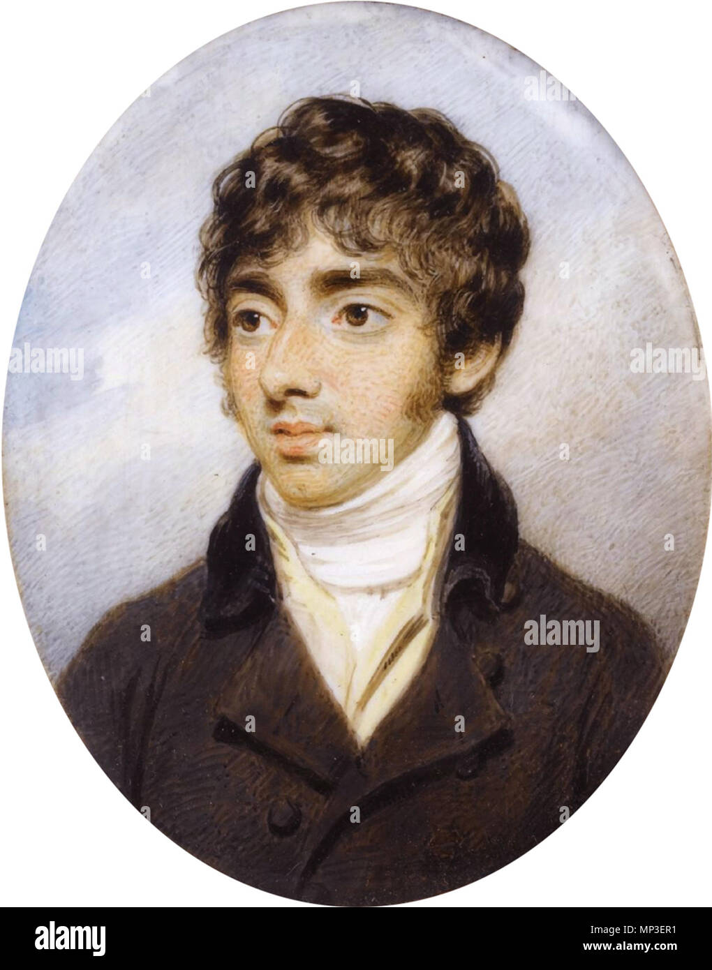 Thomas Girtin (1775-1802). Englisch: Thomas Girtin (1775-1802) 7.2 um 6,2 cm.; mit kurzen gewellte braune Haare, trug ein braunes Fell mit einem schwarzen Kragen und Buff Weste, Wolken und Himmel Hintergrund später eingeschrieben auf ein Label (verso): Thomas Girtin/durch/Henry Edridge ARA/übernommene von Dr. T C Girtin/von ihm gegeben, um seine Tochter / Maria (Barnard)/Links von ihr zu ihrer Tochter/Ethel (Sutton). /Kaufte im Jahre 1935 von Sabina/Frau von Thomas Girtin-/mit Haarsträhne Aquarell mit einem Hauch von Gummi arabicum auf Elfenbein. 18./19. Jahrhundert. Henry Edridge ( - 1821) Alternative Namen Edridge De Stockfoto