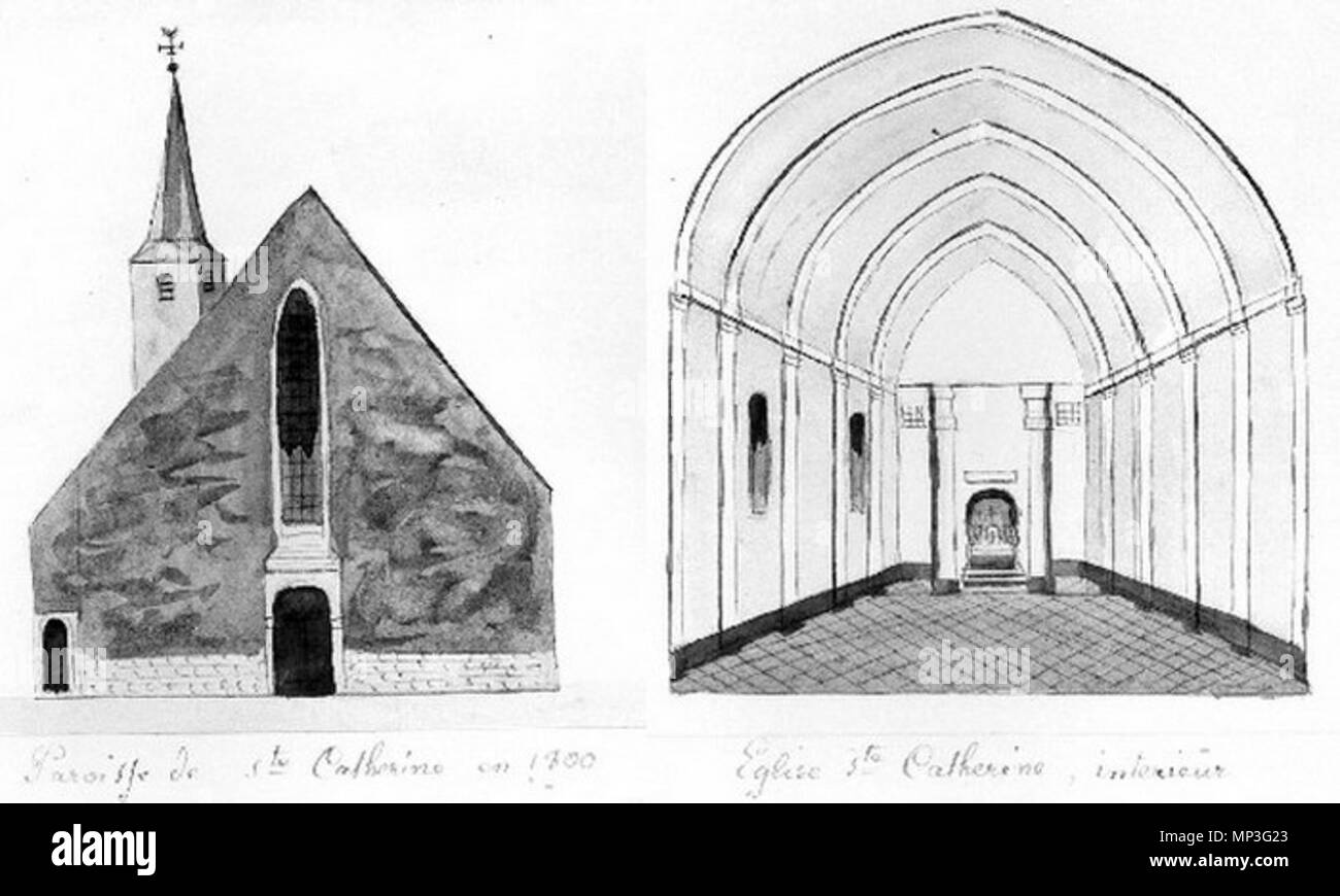 . Englisch: Maastricht, Niederlande. Zeichnung der ehemaligen Catharinakapel in Boschstraat, die Kapelle, die für 2 gedient hatte und ein halbes Jahrhundert als Pfarrkirche St. Matthew's Parish, der ahd, ihre Kirche zu den Protestanten verloren. aus dem 19. Jahrhundert Zeichnung (Rekonstruktion?) von Philippus van Gulpen. 23. April 2014. Philippus van Gulpen (1792-1862) 838 Maastricht, Catharinakapel, Ph van Gulpen Stockfoto