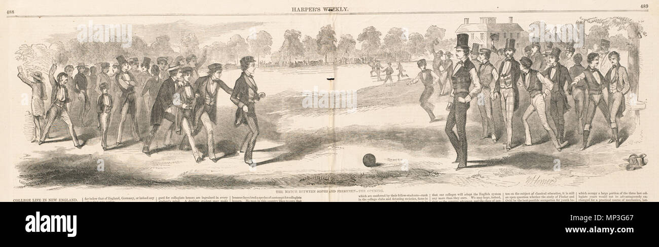 . Englisch: File name: 10 09 000001 Titel: Die Übereinstimmung zwischen der sophs und der Neuling -- Die öffnung Creator/Contributor: Homer, Winslow, 1836-1910 (Künstler) Ausgabedatum: 1857-08-01, Physische Beschreibung drucken: 1: holzstich Genre: Holzstiche; periodische Illustrationen Hinweise: Erschienen in: Harper's Weekly, Band I, 1. August 1857, S. 488-489.; signiert unten rechts: W. Homer. Sammlung: Winslow Homer Sammlung Ort: Boston Public Library, Drucken Abteilung Rechte: Keine bekannten Einschränkungen Flickr Daten auf 2011-08-11: Kamera: Sinar AG Sinarback 54 FW, Sinar m Tags: Winslow Homer User: B Stockfoto