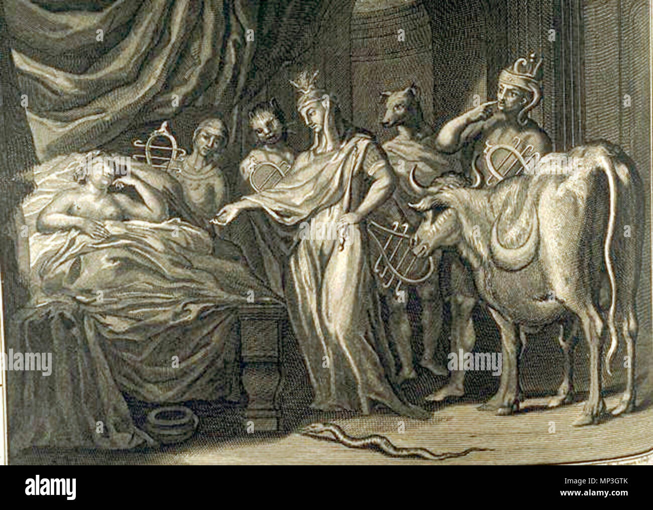 . Englisch: Isis cortege Telethusa erscheint. Kupferstich von Bernard Picart et al. Für Ovids Metamorphosen Buch IX, 669-701. Zum ersten Mal in Amsterdam, R. und J. G. Wetsein & Smith, 1732 veröffentlicht. Français: Le cortège d'Isis apparaît à Téléthuse. Tiefdruck de Picart et pour Al les métamorphoses d'Ovid, livre IX, 669-701. 1732. Bernard Picart 984 Picart - Isis Telethusa Stockfoto